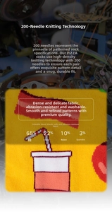 Detail of high-density cotton crew socks with vibrant drink cup patterns and material info