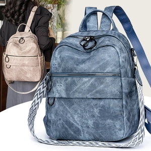 Zaino da viaggio vintage blu e beige con eleganti spallacci larghi a motivi geometrici