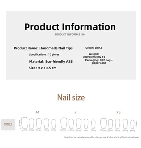 Size chart for press-on nails showing M, S, and XS dimensions in millimeters