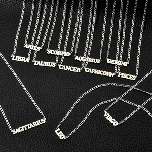 Flat lay of twelve silver stainless steel zodiac necklaces on black leather surface