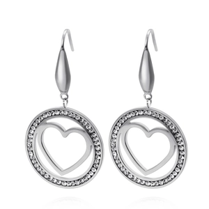Fashionable hollow heart pendant earrings in silver finish with sparkling round crystals