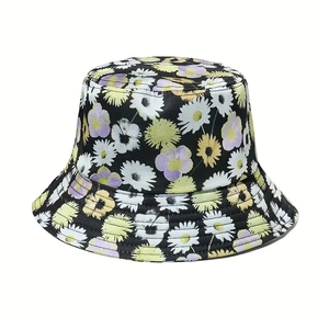 Cappello a secchiello unisex nero con stampa a margherite per protezione solare all'aperto
