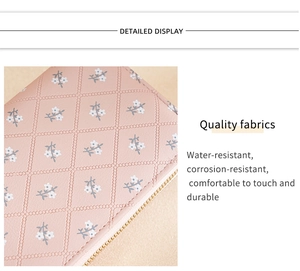 Detail of pink floral checkered wallet showing waterproof fabric and gold zipper closure