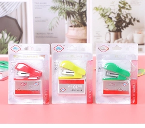 Detailed display of colorful mini stapler sets in red yellow and green with No.10 staples