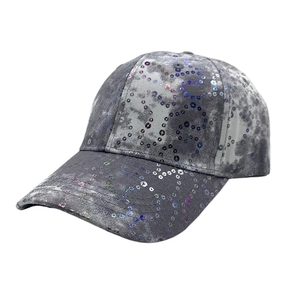 Fashionable grey tie-dye baseball cap with colorful iridescent sequins and curved brim