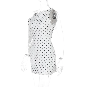 Detailed view of white polka dot slim fit mini dress with one-shoulder tie design