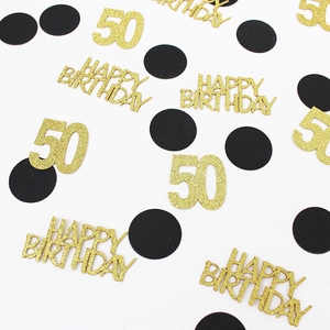 Glittering gold number 50 and Happy Birthday confetti decorations for 50th birthday party