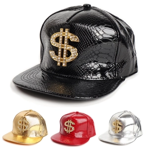 Hip-Hop Baseballkappe PU Leder Krokodilmuster Strass Dollarzeichen Flache Krempe Streetwear Verstellbarer Hut