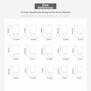 Size chart showing 15 different specifications for press-on nails in various dimensions