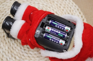 Detail view of the battery compartment for electric Santa toy requiring 3 AA batteries