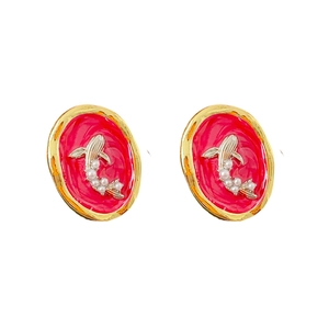 Vintage style gold earrings with pink enamel background, koi fish design and white pearls