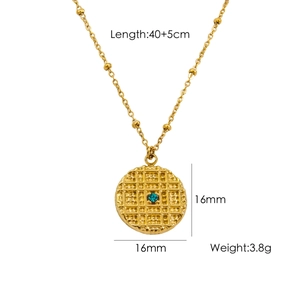 Detailed specs of French vintage gold necklace with green stone pendant and dimensions