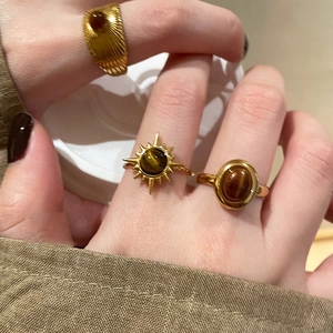 Vintage Tigers Eye Stone Open Ring For Women Gold Plated Copper Adjustable Geometric Bohemian Style Hand Jewelry