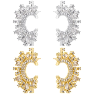 Boucles d'Oreilles Exquises en Cuivre Plaqué Or 18K Forme C Rayon de Soleil pour Femmes Demi-Rondes Feux d'Artifice Zirconia