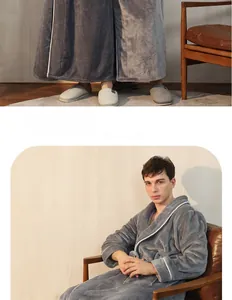 Detail of elegant grey flannel bathrobe with white trim and waist tie closure