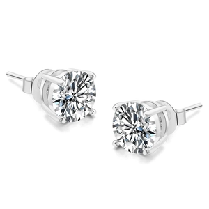 Classic four-prong round zircon stud earrings in high-polished silver plating for women