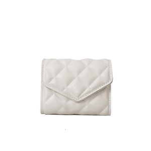 White quilted faux leather tri-fold wallet for women with elegant V-shaped flap