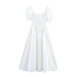 Elegant white square neck princess style midi dress with puff sleeves and A-line silhouette