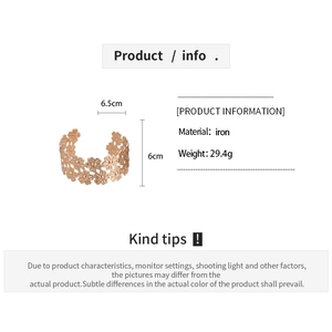 Detailed size chart for the gold open cuff bracelet showing dimensions and 29.4g weight