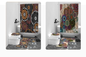 Detail of 4-piece bathroom set with mandala shower curtain and matching floor mats