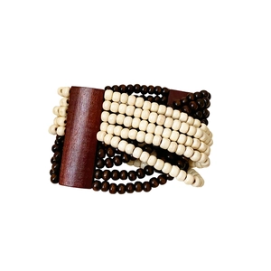 Bohemian multilayer coconut shell and wood beaded stretch bracelet in beige and brown colors