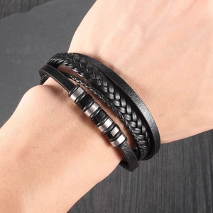 Men's multilayer black braided leather bracelet with stainless steel metal beads