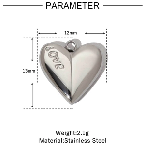 Parameter detail showing 12mm silver stainless steel heart pendant with LOVE engraving
