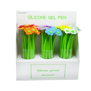 Close-up of silicone flower pens in 48-count display box with colorful flower heads