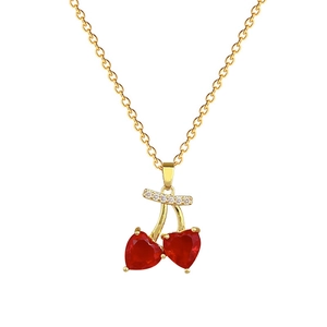 Elegant gold titanium steel necklace featuring red crystal cherries and pavé diamond details
