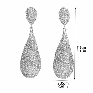 Elegant long teardrop earrings with luxury rhinestones in copper silver finish