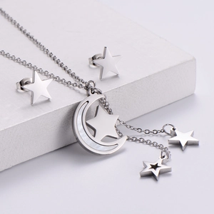 Star and moon jewelry set with mother of pearl shell inlay in polished stainless steel
