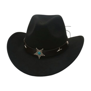 Detail of black felt cowboy hat with leather band and turquoise star emblem