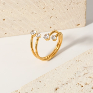 18K gold-plated double-band open ring featuring four clear round-cut cubic zirconia stones