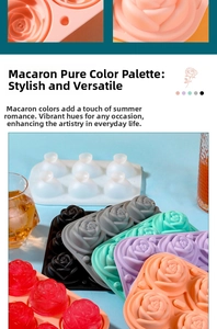 Detailed macro view of 6-cavity rose silicone ice mold in pastel macaron colors