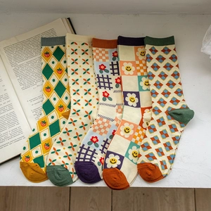 Women Crew Socks Combed Cotton Argyle Floral Smiley Checkerboard Patterns Preppy Vintage Sweat Absorbent Mid Calf