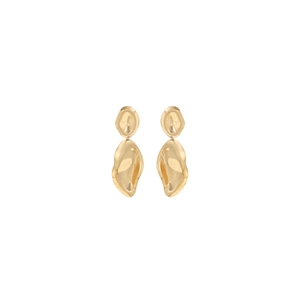 Macro view of gold lava-style geometric earrings with a polished metallic mirror finish