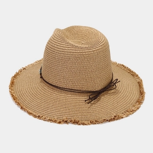 Chapeau de soleil en paille à larges bords effilochés avec nœud en cordon pour femme à la plage