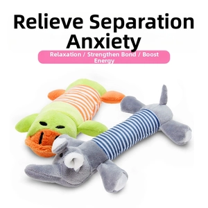 Durable plush dog toys with striped knit texture in elephant and platypus shapes