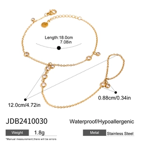 Gold stainless steel finger bracelet with zircon stones, waterproof and anti-allergy jewelry