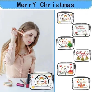 Detail of transparent PVC makeup bags featuring various colorful Christmas cartoon patterns