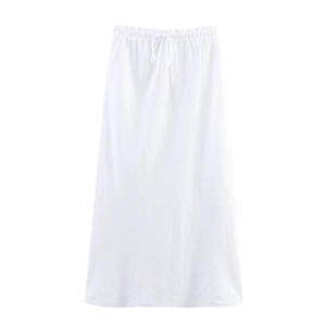 Women's white linen midi skirt with adjustable drawstring elastic waist in A-line silhouette
