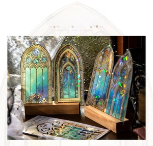 Macro shot of Gothic stained glass window PET stickers with vibrant laser laser effect
