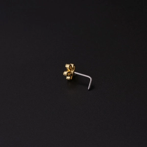 L-shaped gold flower nose stud with micro-set zircon and stainless steel pin