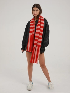 Fashionable red and pink striped knitted scarf styled on a model with a black jacket