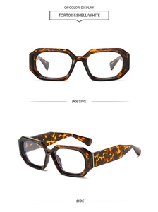 Detailed front and side views of tortoiseshell square sunglasses with angular frames