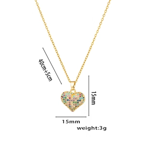 Titanium heart pendant necklace with colorful stones on gold O-chain, 40+5cm length