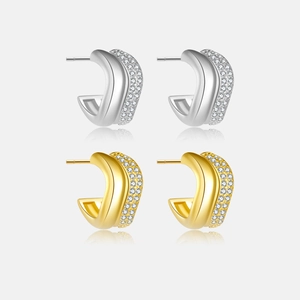 925 Sterling Silver Earrings Geometric C Shape Paved Zircon Minimalist Elegant Half Hoop Jewelry For Women