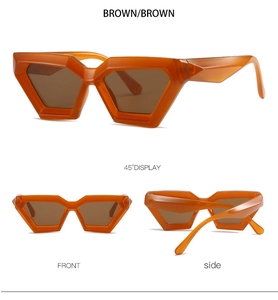 Three-view layout of retro amber irregular sunglasses with brown lenses from multiple angles