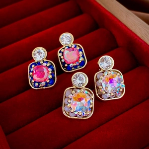 Square Stud Earrings Alloy Rhinestone With 925 Sterling Silver Earring Post French Retro Geometric Luxury Women