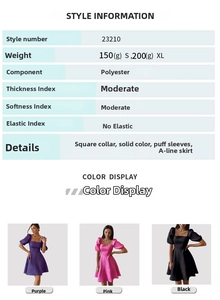Detail chart of square collar puff sleeve A-line dress with size and fabric information